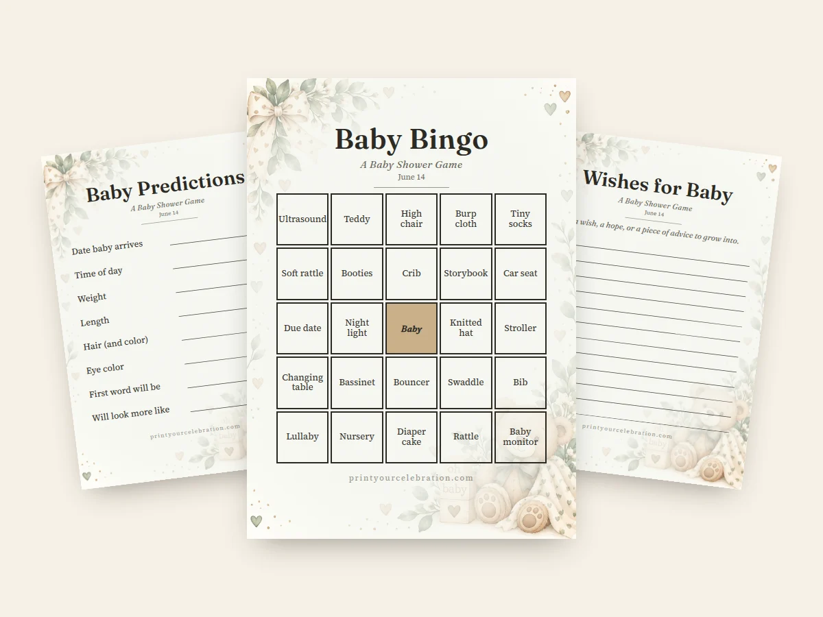 Sage Teddy & Bow baby shower games