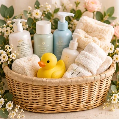 Baby bath time gift basket with a rubber duck and towels
