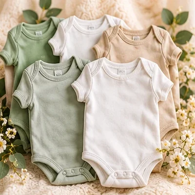 Folded organic cotton baby bodysuits in neutral colors