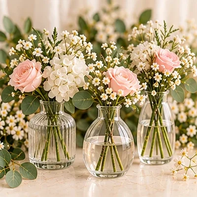 Small glass bud vases with pink and white florals