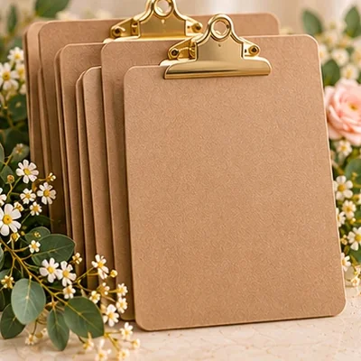 Stack of kraft clipboards with gold clips