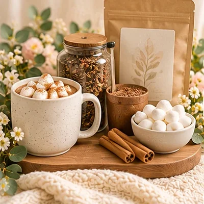 Mug of hot cocoa with marshmallows next to tea and cocoa ingredients
