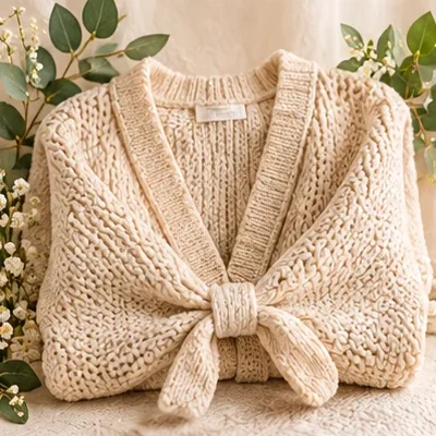 Cream knit cardigan, folded and tied