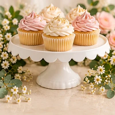 White cake stand with frosted cupcakes
