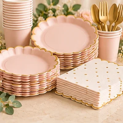Pink disposable plates, cups, and napkins with gold cutlery