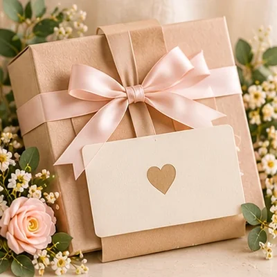 Wrapped gift box with a gift card holder and ribbon