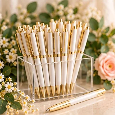 Bundle of white and gold pens in a holder