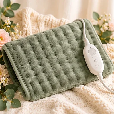 Sage green heating pad with a cozy plush cover