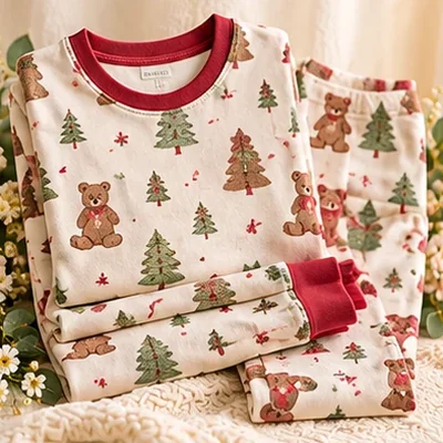 Holiday-print pajama set with a tree and bear pattern