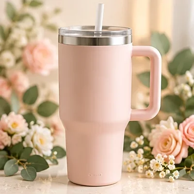 Large pink insulated tumbler with a straw lid