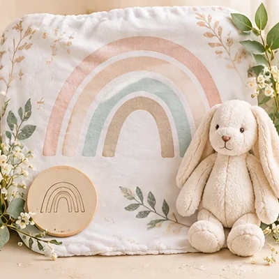 Baby milestone blanket with a pastel rainbow print and a plush bunny toy