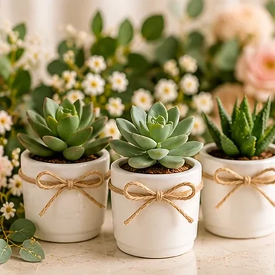 Three small succulent plants in white pots