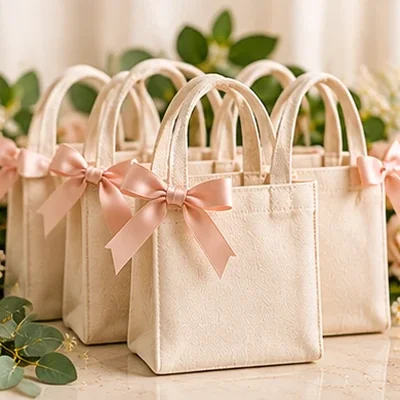 Mini canvas tote favor bags with ribbon bows