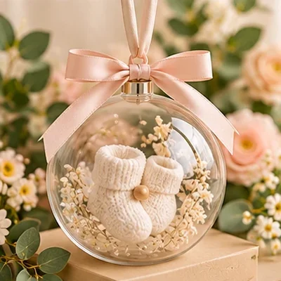 Glass keepsake ornament with tiny baby booties inside