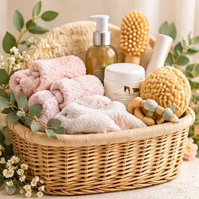 Woven gift basket filled with postpartum self-care essentials