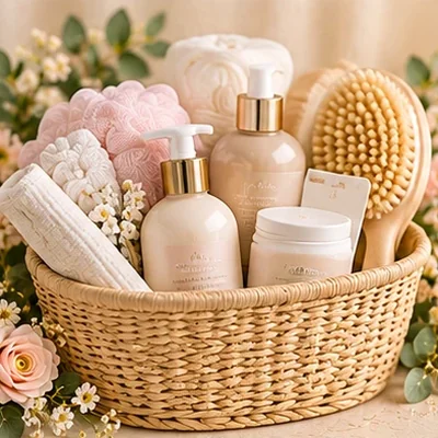 Prenatal self-care gift basket with lotion and bath products