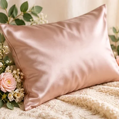 Blush pink silk pillowcase on a bed