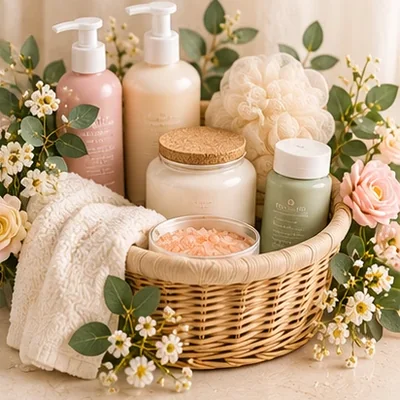 Spa gift set with lotion, candle, and bath soak
