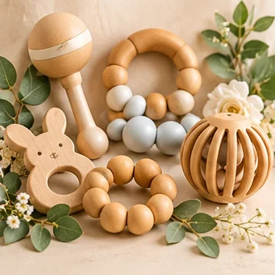 Wooden baby rattle and teether toy set